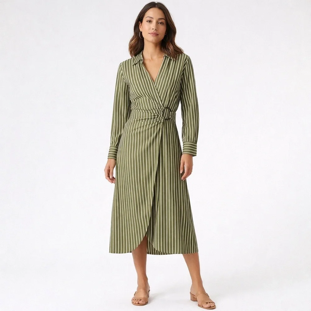 Olive Green Striped Wrap Dress Size 6